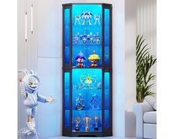 BROTTAR 71" hoekvitrinekast zwart met glazen deuren, 3-kleuren dimbare LED-verlichting, bewegingssensor, 6 driehoekige glazen planken, voor verzamelobjecten, figuren en decoratie