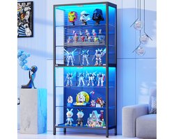 BROTTAR 71,2" vitrinekast zwart met glazen deuren, 6 etages met verstelbare glazen planken, 3-kleuren dimbare LED-verlichting, bewegingssensor, displaykast voor figuren, modellen en verzamelobjecten