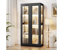 BROTTAR boekenkast zwart met glazen deuren, 4 planken, 3-kleuren LED-verlichting, bewegingssensor, soft-close scharnier en magneetslot, vitrinekast voor woonkamer, kantoor en slaapkamer