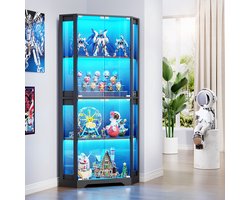 BROTTAR Glazen vitrinekast antieke kast, hoekvitrinekast, 4 planken met LED-verlichting met menselijke lichaamssensor voor speelgoed, boeken