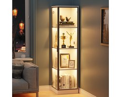 BROTTAR hoekvitrinekast wit met acryldeuren, 4 lagen, 3-kleuren LED-verlichting, bewegingssensor, soft-close scharnier, voor verzamelobjecten, figuren, boeken en decoratie in woonkamer, kantoor of studeerkamer