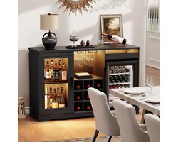 BROTTAR koffiebar kast zwart met koelkast inbegrepen, LED-verlichting, glazenhouder, wijnrek, sensor, buffetkast voor keuken, woonkamer en thuisbar