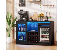 BROTTAR koffiebar kast zwart met koelkast inbegrepen, LED-verlichting, glazenhouder, wijnrek, sensor, buffetkast voor keuken, woonkamer en thuisbar