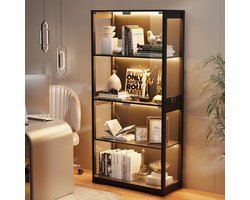 BROTTAR LED-verlichting en pop-up design glazen vitrine met slimme sensoren en 4 niveaus, woonkamer/kantoor