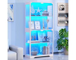 BROTTAR LED-vitrine met glazen deuren en pop-up design, 4-laags vitrinekast met slimme sensoren, witte glazen vitrine/boekenkast voor woonkamer, slaapkamer, kantoor