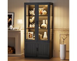BROTTAR multifunctionele hoogkast zwart met acryldeuren, 3-kleuren LED-verlichting, bewegingssensor, magneetsluiting, soft-close scharnier, 3 planken en gesloten opbergruimte, vitrinekast voor keuken, woonkamer en kantoor