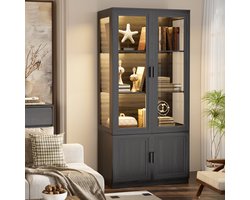 BROTTAR Vloerstaande vitrine met glazen deuren, LED-verlichting en magnetische sloten, 3 glazen vloeren, gesloten vakken, 3 gekleurde LED's dimbaar