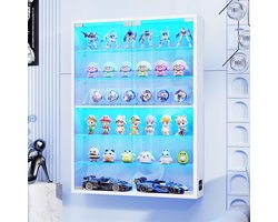 BROTTAR Wandkast met glazen deuren wit, vitrinekast met 6 verstelbare planken, LED-verlichting en bewegingssensor, ruimtebesparend voor trading cards, medailles en souvenirs