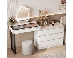BROTTAR witte hoekkaptafel met verstelbare LED-spiegel, 5 lades, glazen blad, afneembare spiegel, kaptafel voor slaapkamer en make-upruimte