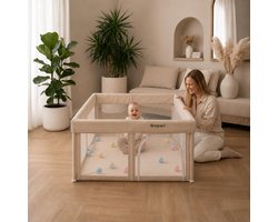 Broyari® Grondbox Baby 127x127 cm – Binnen 2 Seconden Inklapbaar – Inclusief Speelmat & 50 Speelballen – Opvouwbare Baby Speelbox – Kinderbox – Playpen – Beige