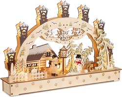 BRUBAKER 3D-lichtboog, led-lichtboog, kersthuis in het bos met lantaarns, kerstverlichting van natuurlijk hout, 27 x 40 x 7,5 cm, handbeschilderde figuren, kerstdecoratie voor tafel, raam