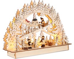 BRUBAKER 3D-lichtboog, led-lichtboog, slee in het bos, kerstverlichting van natuurlijk hout, 22 x 32 x 9 cm, handbeschilderde figuren, kerstdecoratie voor tafel en raam
