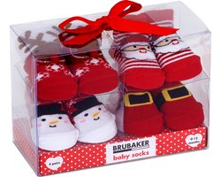 BRUBAKER 4 paar Babysokken voor Jongens en Meisjes 0-12 maanden - Babyshower - Cadeau - Babycadeauset voor pasgeborenen in geschenkverpakking met strik - Kerstsokken
