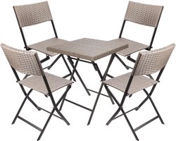 BRUBAKER Balkonset Toscane met tafel en 4 stoelen, weerbestendig, inklapbaar en ruimtebesparend, polyrotan balkonmeubelset, zitgroep voor balkon, terras en tuin, bistroset, klapstoelen, grijs/bruin