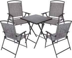 BRUBAKER Bergamo Tuinzitgroep, 1 klaptafel, vierkant, met 4 campingstoelen, weerbestendig en ruimtebesparend, tuinstoelen, campingstoelen met tafel voor balkon en terras, grijs