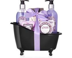 BRUBAKER Cosmetics Bad- en Doucheset - Cadeautip vrouw - Lavendel Vanille met Decoratieve Badkuip - Verwenpakket Vrouw - Cadeau Geschenkset Zwart 9 stuks - Cadeau