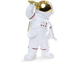 BRUBAKER Decoratieve figuur astronaut zanger - 20 cm ruimtefiguur met microfoon en verchroomde helm - handbeschilderd modern ruimtevaartbeeld voor muzikanten - wit en goud