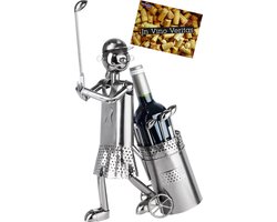 BRUBAKER Fleshouder Golfspeler teeing off - Metalen sculptuur golfcadeau voor golffans en sportsters - Wijnfleshouder wijndecoratie met cadeaubon - Wijnrek