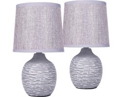 BRUBAKER Set van 2 tafel- of bedlampjes, 27 cm, grijs, keramische lampvoeten met structuur, linnen lampenkappen