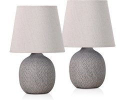 BRUBAKER Set van 2 tafel- of bedlampjes, 28,5 cm, bruin/beige, keramische lamppoten met structuur, linnen lampenkappen beige
