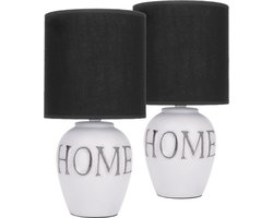 BRUBAKER Set van 2 Tafel- of Bedlampjes - "Home"- Decoratieve Tafellampen - Keramische voet - Zwarte stoffen kap - 32,5 cm - Zwart Wit Grijs