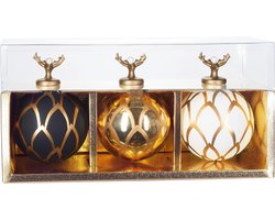 BRUBAKER Set Van 3 Glazen Kerstballen - Gouden Set Met Porseleinen Hertenkopfiguren - Premium Boomballen Met Bladontwerp - Handgeschilderde Kerstdecoratie - 8 Cm Kerstballen