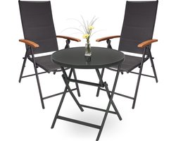 BRUBAKER tuinmeubelset Verona - 1 Glazen Klaptafel Rond 70 Cm Ø met 2 stoelen met Hoge Rugleuning - Weerbestendig - Tuinstoel met Tafel - Antraciet