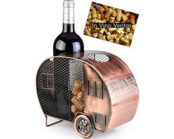 BRUBAKER Wijnfleshouder Caravan - Koperkleurige Metalen Flessenhouder met Kurkopslag - Decoratief Cadeau voor Kampeerders - Metalen Figuur Wijngeschenk met Cadeaukaart - Kleur: Koper