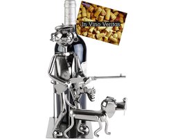 BRUBAKER Wijnfleshouder Jager met Jachthond - Metalen Flessenhouder - Jachtcadeau Metalen Figuur met Hond - Wijncadeau Flessenhouder met Cadeaukaart - Kleur: Zilver