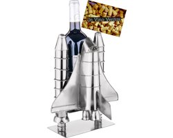 BRUBAKER Wijnfleshouder Raketlancering - Ruimte Shuttle metalen sculptuur fles staan raket Space Shuttle - zilveren metalen beeldje wijn geschenk voor ruimtevaart fans met wenskaart - Wijnrek