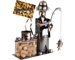 BRUBAKER Wijnflessenhouder Visser met Vis en Emmer voor Kurkopslag - Metalen Flessenhouder - Cadeau Metalen Figuur - Wijngeschenk Flessenrek met Cadeaukaart - Kleur: Koper