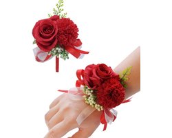 Bruidsboeket Set - Polsbloem en Boutonniere - Bruiloft Decoratie - Handgemaakt Kunstbloemen - 2 stuks - Roze