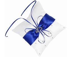 Bruiloft Drager Kussen Kussen met Strik Dubbele Harten Ontwerp en Sprankelende Steentjes Elegant voor Huwelijksceremonie Blauwe Kleur (BLUE)
