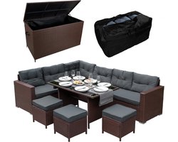 Bruin Rattan Hoek Dining Set & Tuinopbergbox 9-Zitter L Bank Krukken Glazen Tafel Grote Kussens Meubelkist 582L Buiten Patio Stalen Frame UV-bestendig GRATIS Waterdichte Draagtas & Regenhoes