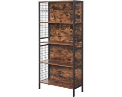 Bruin + Zwart, 74 x 30 x 155 cm Boekenkast Opbergrek Vitrinekast, 4 Legplanken, 4 S-Haken, Metalen Frame, Opbergkast Displayrek, geschikt voor Woonkamer, Slaapkamer, Kantoor en Studio