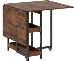 Bruine Inklapbare Eettafel 133,4 x 80 x 75 cm, Uitklapbare Eettafel voor 2-4 Personen met 2 Open Opbergvakken, Verrijdbare Basis met Remwielen, Compact Design voor Kleine Ruimtes, Keuken en Eetkamer, Max. 50 kg