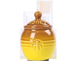 Bruine keramische honingpot met lepel en standaard - Decoratieve pot met bijenmotief voor rustieke keukenopberg en tafeldecoratie