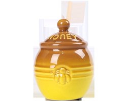 Bruine keramische honingpot met lepel en standaard - Decoratieve pot met bijenmotief voor rustieke keukenopberg en tafeldecoratie