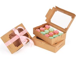 Bruine Kraftpapieren Doos met Transparant Venster - Set van 20 - Taartdoos 20,3 x 13,5 x 5 cm - Voor Koekjes, Cupcakes, Gebak en Taart - Wegwerp Verpakking.