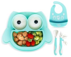 Brunoko Baby Plate Set 3-delig – Duurzaam, BPA-vrij Siliconen Bord met Anti-Mors Zuignap, Buigbaar Bestek & Slab | Zorgeloos & Leuk Eten voor Baby’s & Peuters – Veilig & Makkelijk te Reinigen | Mintgroen | Aqua Mint