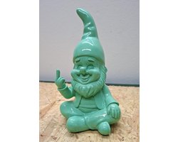 Brutale Tuinkabouter Zittend groen beeld - Middelvinger - 22 cm Hoog - Muntgroen Hoogglans - Decoratie - Woonaccessoires - Beeld
