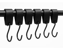 Brute Strength - Leren S-haak hangers - Zwart - 6 stuks - 12,5 x 2,5 cm – Zwart zilver – Leer - handdoekhaakjes - Ophanghaken – kapstokhaak