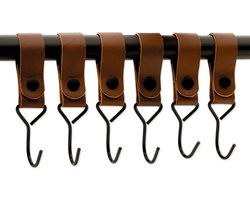 Brute Strength - Multifunctionele Haak Met Lederen Lus - Cognac - 6 stuks - Kapstokhaak - Kampeerhaak - Leer - Ophanghaken - Handdoekhaakjes