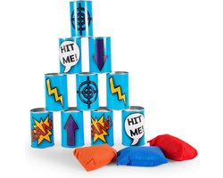 BS Toys Blikgooien Werpspel - Pittenzak Gooien - Kinderspeelgoed vanaf 3 Jaar - Buitenspeelgoed - 10 Blikken - Blauw - Spelletjes voor kinderen - Buiten speelgoed - Buitenspel - Buiten Spellen - Tuin Speelgoed - Cadeau kind