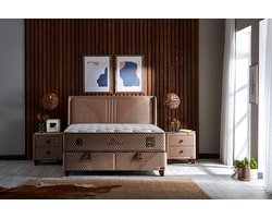 BSS Bedding Clima Naturel - Bed Boxspring Set - Complete Boxspring - 140x200 - Slaapkamerbed - 1 x Matras met Topper, 2 x Bedbox, 1 x Hoofdbord - Bruin