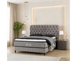 BSS Bedding Comfort - Boxspring - Inclusief Dekbed - Boxspring met Opbergruimte - Met Nachtkastjes - Matras met topper - 180x200 - Grijs
