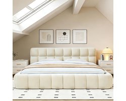 Bubble Luxe Gestoffeerd Boxspring Bed 140x200 cm met Zacht Hoofdbord, Lattenbodem en Ingebouwde Matrasfixatie – Linnen Bekleding Beige