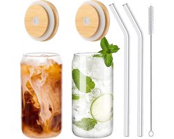 Bubble tea kopjes met deksel en rietje set van 2, drinkglazen met bamboe deksel en glazen rietje, ijskoffieglazen voor ijskoffie, cocktail, smoothieglas, bier, koude kopjes 480ML