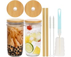Bubble Tea Mok Mason Jar met rietje glazen mok set van 2, drinkglas met rietje en anti-schimmel bamboe deksel, brede mond ijskoffie glas, Mason Jar Tumbler Cup Boba thee mok