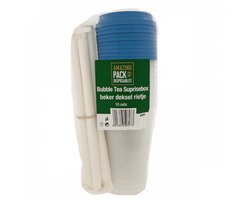 Bubble Tea Verpakkingsset - 500ml Bekers - Frosted Transparant - Blauwe Deksel - Papieren Rietjes - 10 Sets